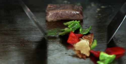 Close up Cooking Meat and Vegetables on Grill