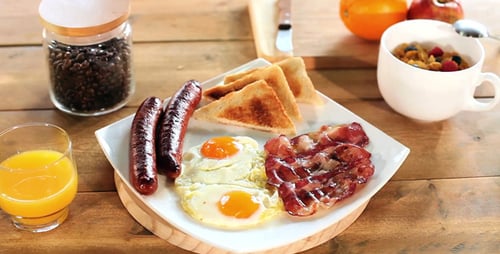 Delicious Breakfast Spread on Wooden Table