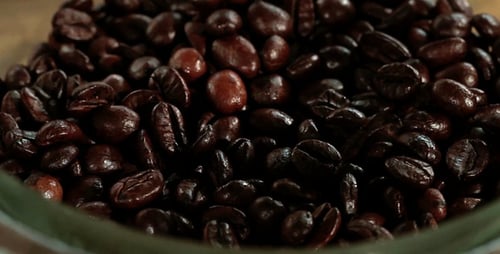 Pouring Roasted Coffee Beans into Clear Bowl