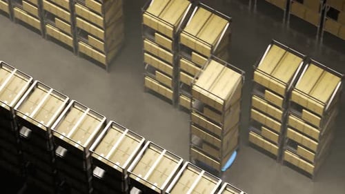 Warehouse industry autonomic robots carrying metal shelves with cardboard boxes.