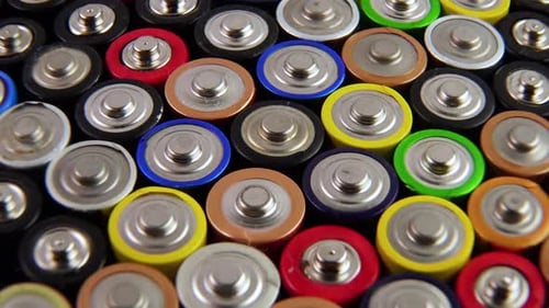 Array of Colorful Batteries in a Close Up Shot