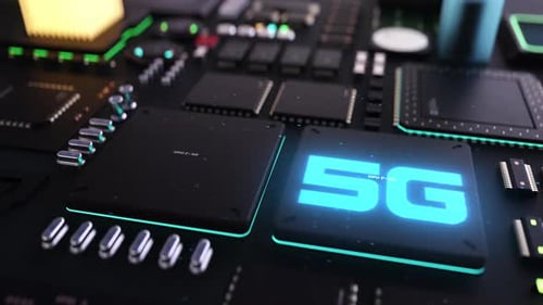 Cabecera 5G. Animación de procesadores y chips de próxima generación. avance tecnológico de gran potencia