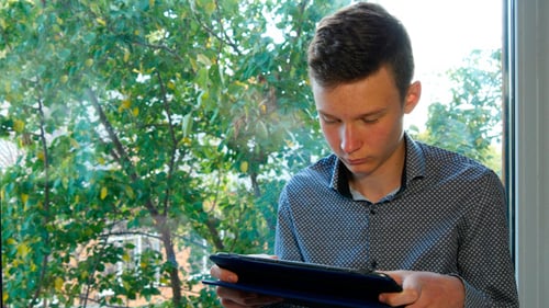 Young Adult Using Tablet Indoors by Window