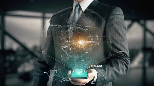 Businessman Activating Brand Strategy with Holographic Digital Marketing Display