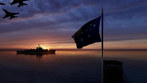 Ondeando un buque de guerra con la bandera australiana y pasando aviones de