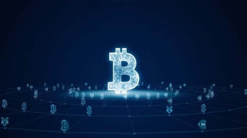 Blue digital 3D money logo with line connection with circle rotation seamless loop video