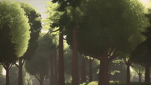 Cartoon Green Forest Landscape with Trees and Flowers