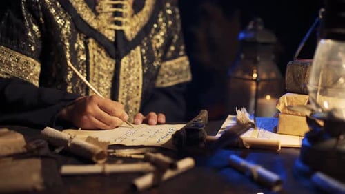 Person Writes with Quill by Lantern Light