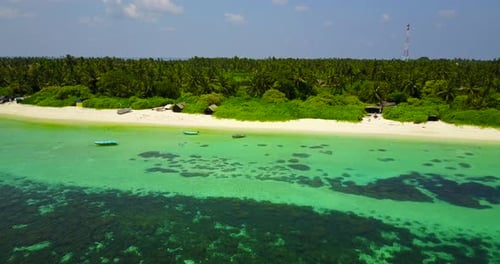 Natural flying island view of a white paradise beach and blue water background