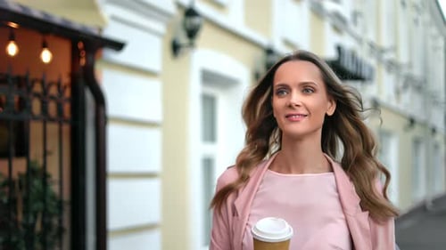 Fashion Beautiful Blonde Woman Walking City Street Coffee Paper Cup Smiling with Positive Emotion
