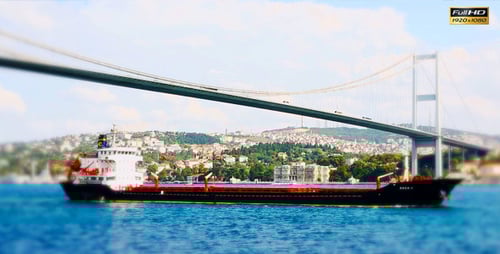 Cargo Ship Passing Under Bridge on Sunny Day