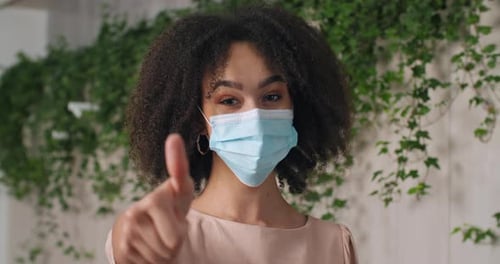 Closeup Curly Responsible Sick Girl Afro American Woman Teenager Wears Medical Protective Mask on