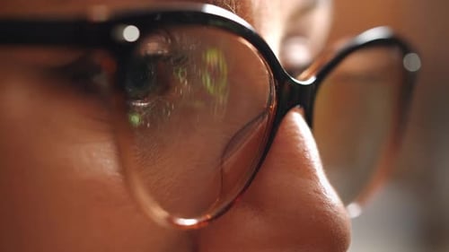 Woman in glasses looking on computer monitor