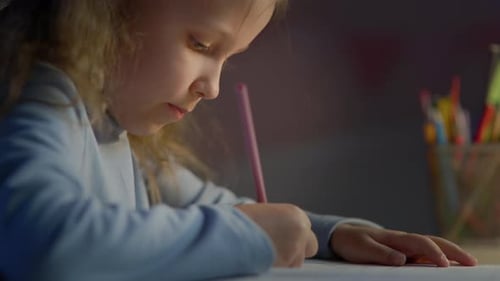 Schoolgirl Junior School Does Homework In The Evening