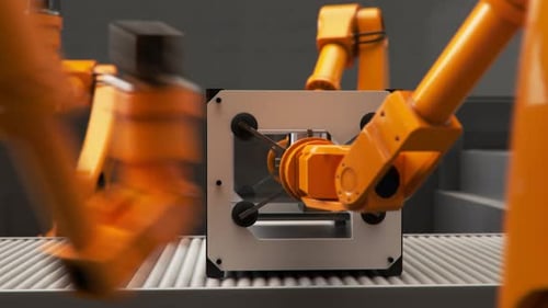 Impresora 3D ensamblada mediante brazos robóticos automatizados en una línea de fábrica. 4k.