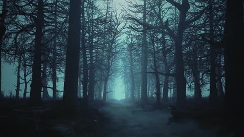 Animación en bucle de volar a través de un bosque aterrador