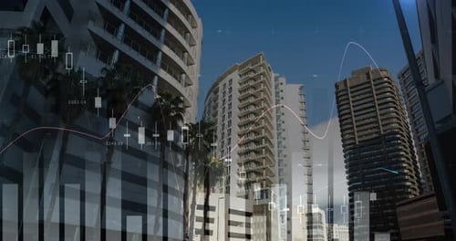 Animated Corporate Finance Data Display with Candlestick and Line Graphs