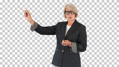 Senior teacher explaining and pointing at something, Alpha Channel