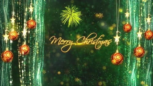 Merry Christmas Holiday Title with Sparkling Ornaments and Snowflakes