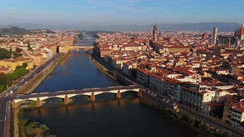 Aerial view of Arno river and the city, in the morning, Florence, Italy