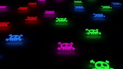 Seamless Looping Animation of Neon Glowing Skulls and Crossbones