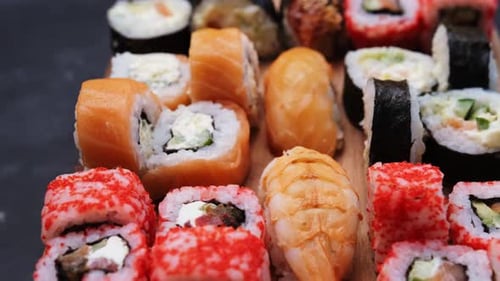 Close Up of Delicious Sushi Rolls on Display