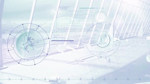 Helles modernes Büropanorama mit abstrakten Infografiken 4