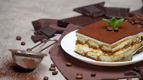 Delicious Tiramisu Dessert Close Up with Coffee and Chocolate