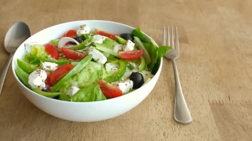 Close Up of Greek Salad in a Bowl on Table