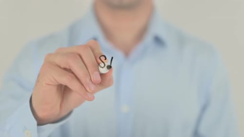 Hör auf zu warten, Mann schreibt auf durchsichtigem Bildschirm