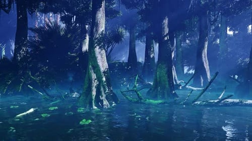Mysterious Animated Swamp Forest Scene with Fog and Sunlight