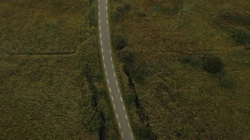 Szenische Luftaufnahme von schönen grünen Feldern mit leerer Straße in der Mitte