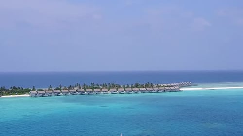 Aerial drone landscape of tropical island beach wildlife by lagoon with sand background
