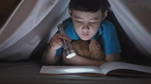 Asian Boy Reading Book with Flashlight under Blanket