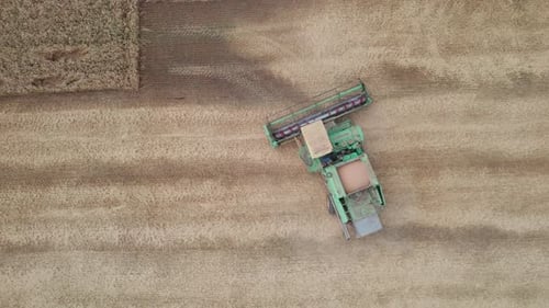 Aerial View of Harvester Machines Working in Wheat Field