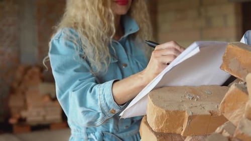 Architektin liest den architektonischen Plan für den Bau des Hauses und macht Spuren