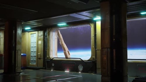 Futuristic Space Station Interior with Earth and Starfield View