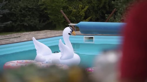 O
cisne inflável flutua na água.