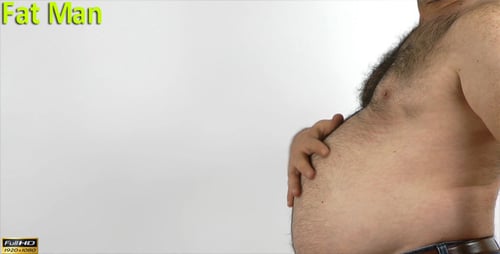 Mid Shot of Man Holding Stomach Against White