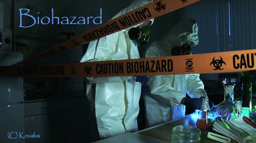 Scientists in Protective Suits Working in Dark Lab