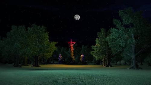 Easter Crucifixion Scene with Three Crosses Under Moonlight