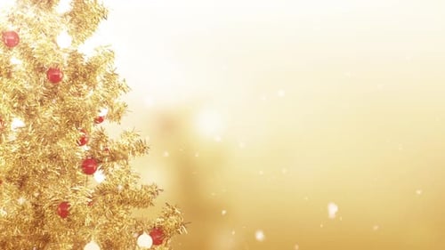 Golden Christmas Tree Festive Background with Falling Snow
