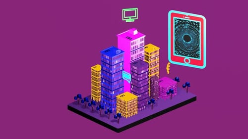 Ciudad isométrica con datos de internet como enlace