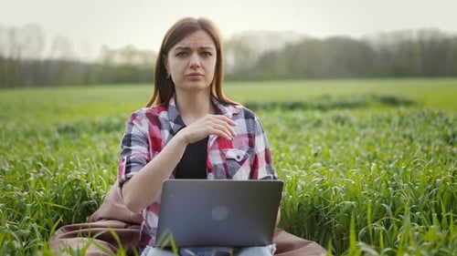Woman Agronomist Working at Laptop in Green Wheat Field and Drives Away Insects