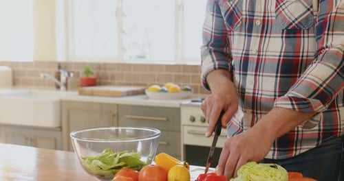 Adult Man Chopping Fresh Vegetables in Kitchen