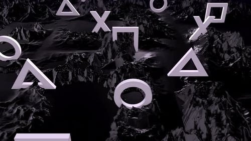 Animated 3D Geometric Symbols Floating on Dark Terrain
