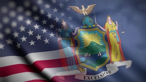 Realistic Waving New York State Flag and Seal with USA Flag Overlay