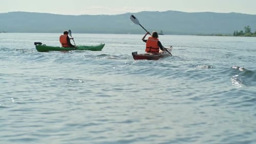 Kayakers Paddle on Lake in Sunny Weather