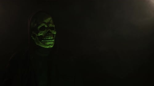 Scary Skeleton skull head figure in a hood for Halloween or horror videos