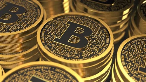 3D-Rendering einer Goldmünze Bitcoin, Blockchain-Technologie für Kryptowährung.
